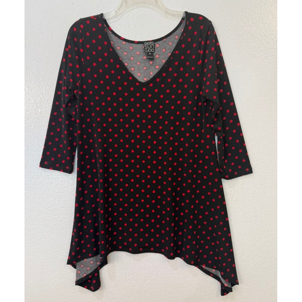 Women's Clara Sun Woo Size XS Black Red Polka Dot Handkerchief Hem Stretch Tunic